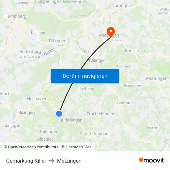 Gemarkung Killer to Metzingen map