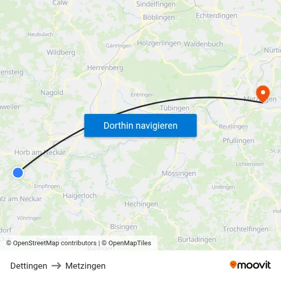 Dettingen to Metzingen map