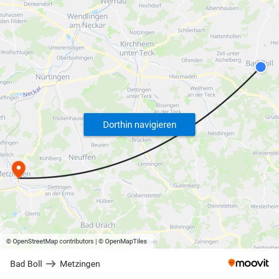 Bad Boll to Metzingen map