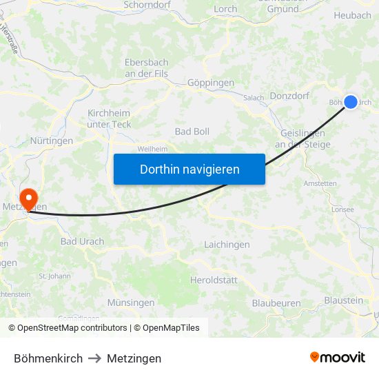 Böhmenkirch to Metzingen map