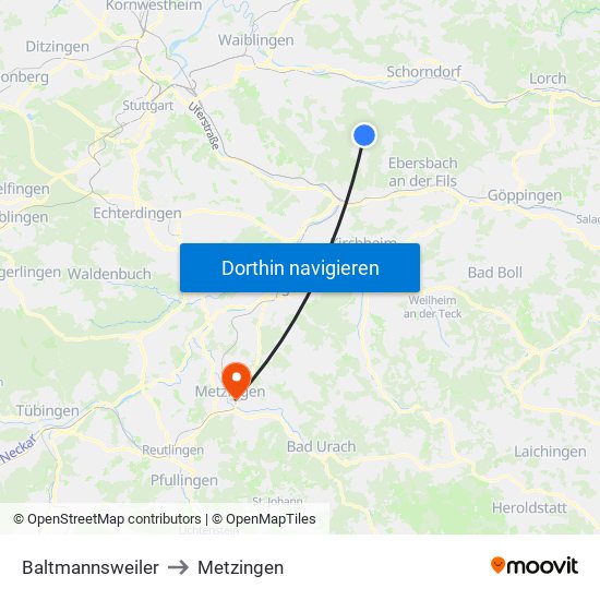 Baltmannsweiler to Metzingen map