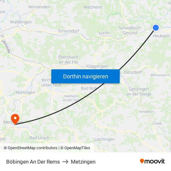 Böbingen An Der Rems to Metzingen map