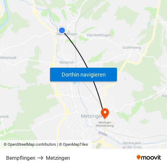 Bempflingen to Metzingen map