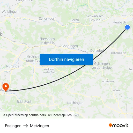 Essingen to Metzingen map