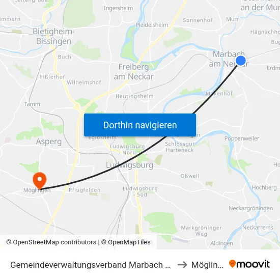 Gemeindeverwaltungsverband Marbach am Neckar to Möglingen map