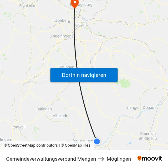 Gemeindeverwaltungsverband Mengen to Möglingen map