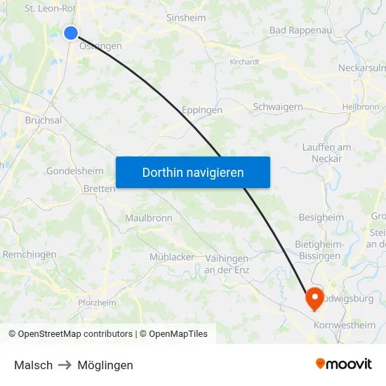 Malsch to Möglingen map