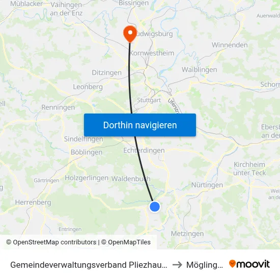 Gemeindeverwaltungsverband Pliezhausen to Möglingen map