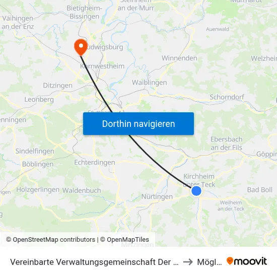 Vereinbarte Verwaltungsgemeinschaft Der Stadt Kirchheim Unter Teck to Möglingen map