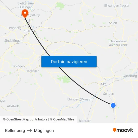 Bellenberg to Möglingen map