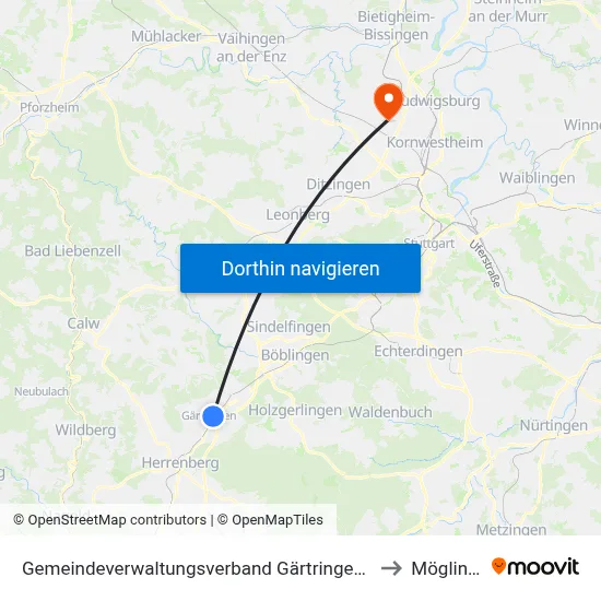 Gemeindeverwaltungsverband Gärtringen/Ehningen to Möglingen map