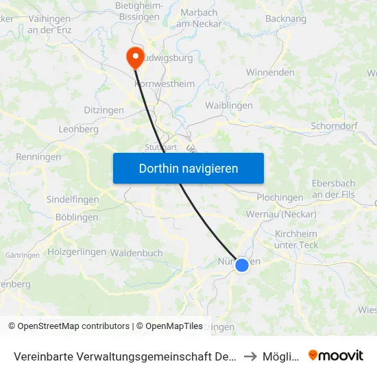 Vereinbarte Verwaltungsgemeinschaft Der Stadt Nürtingen to Möglingen map