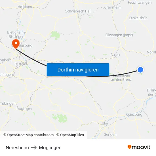Neresheim to Möglingen map