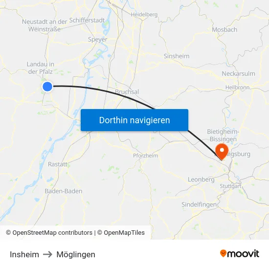 Insheim to Möglingen map