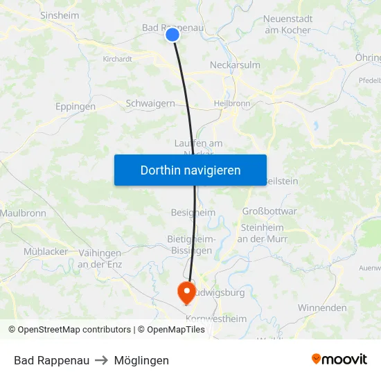 Bad Rappenau to Möglingen map
