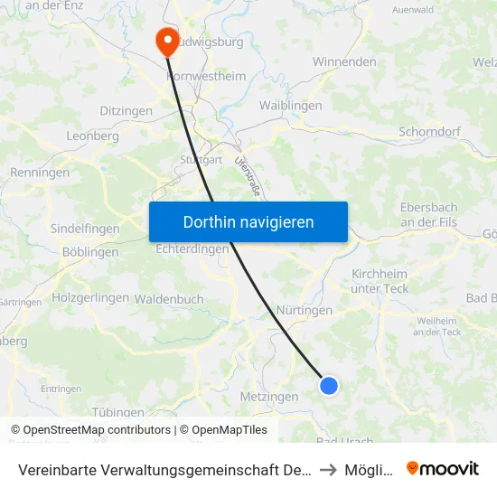 Vereinbarte Verwaltungsgemeinschaft Der Stadt Neuffen to Möglingen map