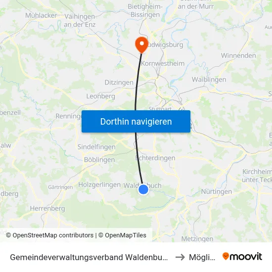 Gemeindeverwaltungsverband Waldenbuch/Steinenbronn to Möglingen map