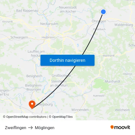 Zweiflingen to Möglingen map