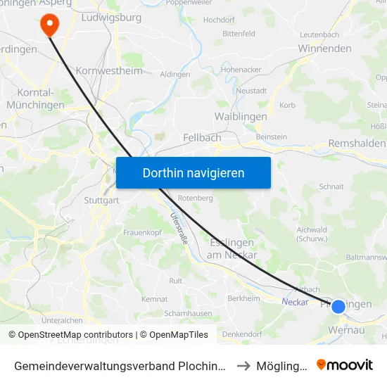 Gemeindeverwaltungsverband Plochingen to Möglingen map