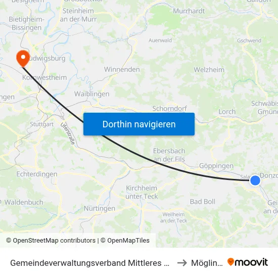 Gemeindeverwaltungsverband Mittleres Fils-Lautertal to Möglingen map