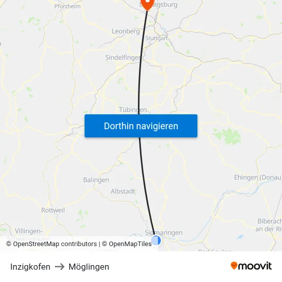 Inzigkofen to Möglingen map