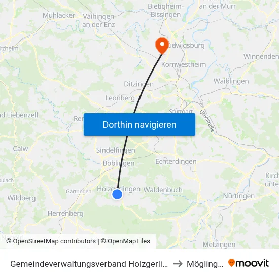 Gemeindeverwaltungsverband Holzgerlingen to Möglingen map
