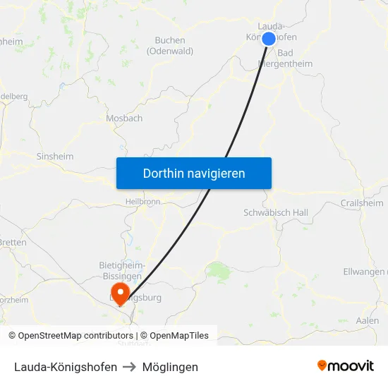 Lauda-Königshofen to Möglingen map