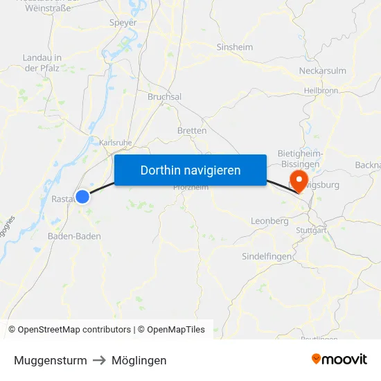 Muggensturm to Möglingen map