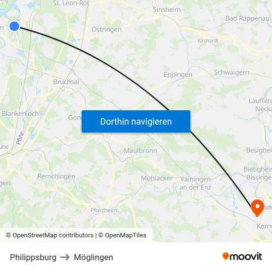 Philippsburg to Möglingen map