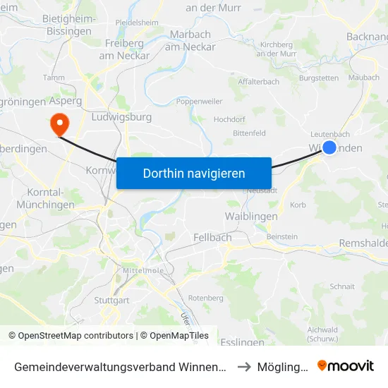 Gemeindeverwaltungsverband Winnenden to Möglingen map