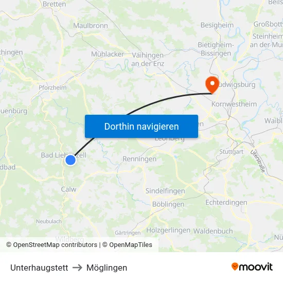 Unterhaugstett to Möglingen map