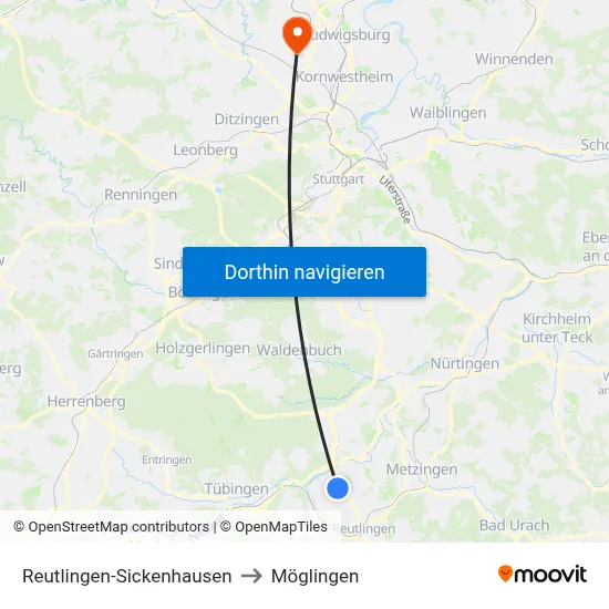 Reutlingen-Sickenhausen to Möglingen map