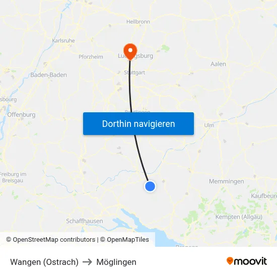Wangen (Ostrach) to Möglingen map
