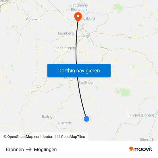 Bronnen to Möglingen map