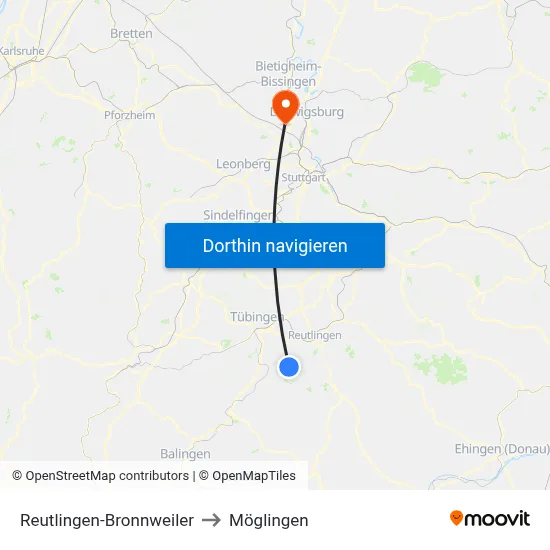 Reutlingen-Bronnweiler to Möglingen map