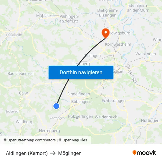 Aidlingen (Kernort) to Möglingen map