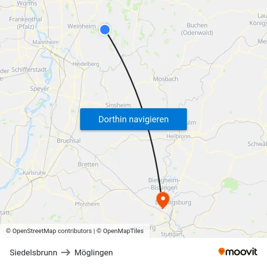 Siedelsbrunn to Möglingen map