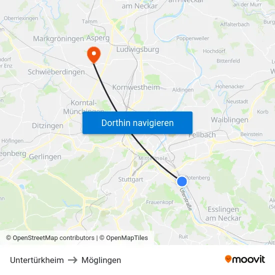 Untertürkheim to Möglingen map