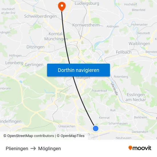 Plieningen to Möglingen map