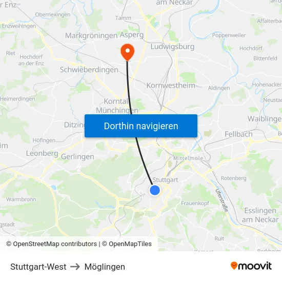 Stuttgart-West to Möglingen map