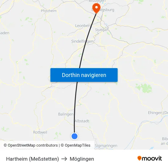 Hartheim (Meßstetten) to Möglingen map