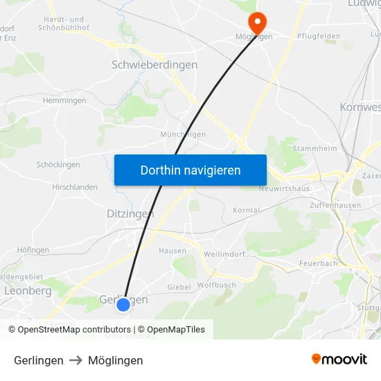 Gerlingen to Möglingen map