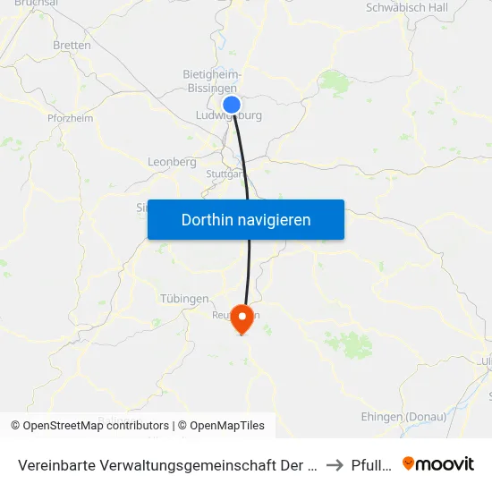 Vereinbarte Verwaltungsgemeinschaft Der Stadt Freiberg am Neckar to Pfullingen map