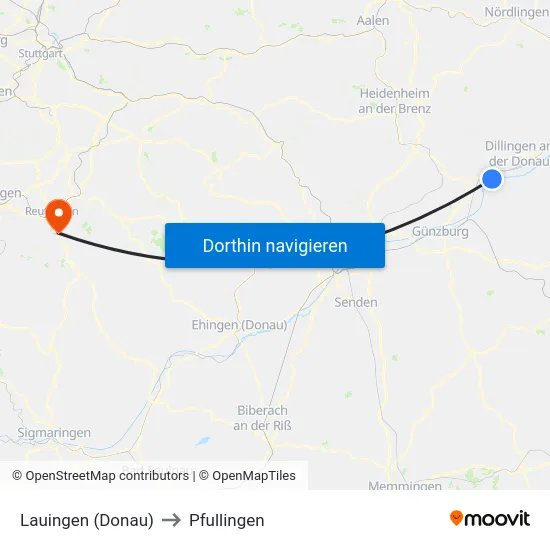 Lauingen (Donau) to Pfullingen map