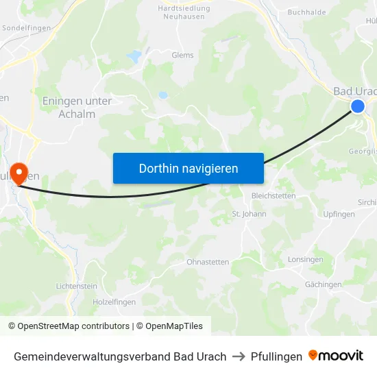 Gemeindeverwaltungsverband Bad Urach to Pfullingen map