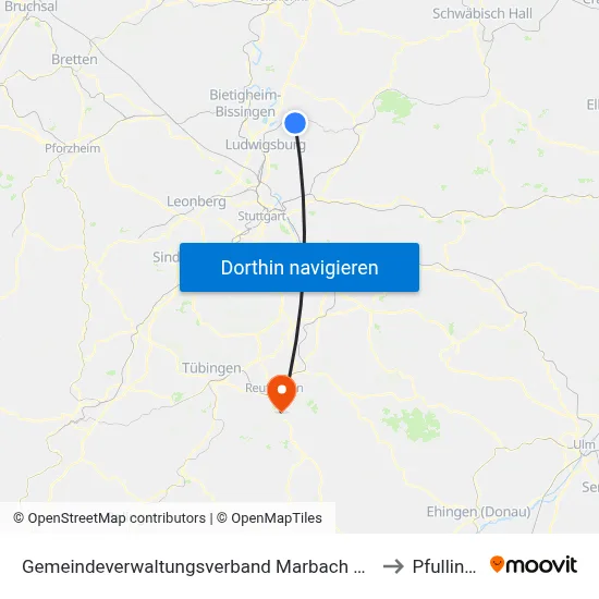 Gemeindeverwaltungsverband Marbach am Neckar to Pfullingen map
