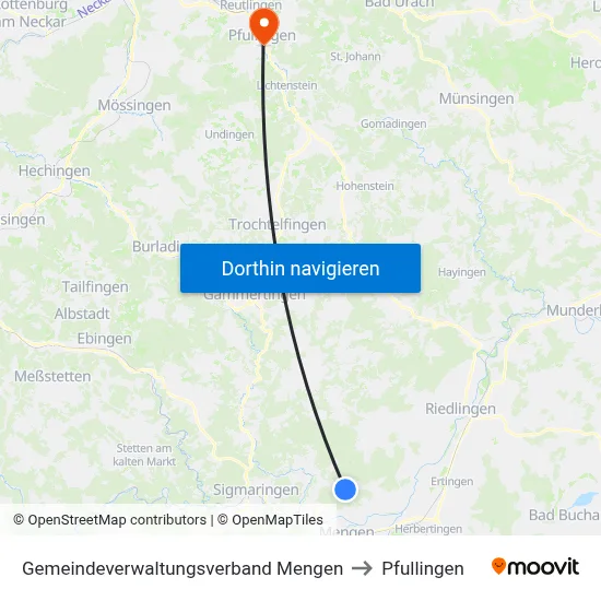 Gemeindeverwaltungsverband Mengen to Pfullingen map
