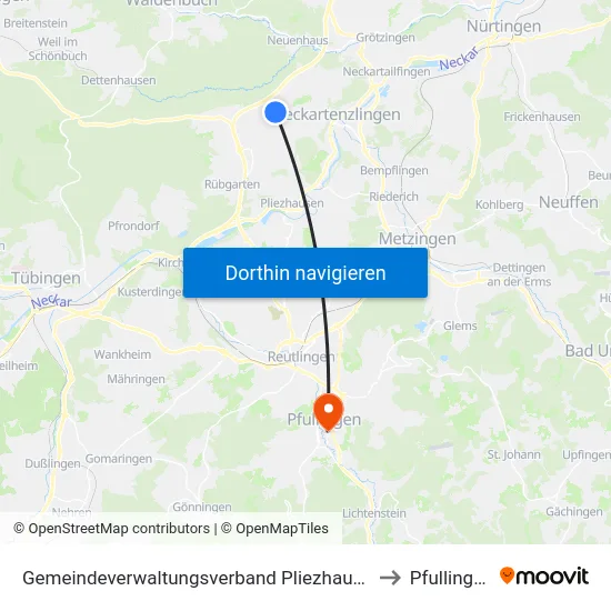 Gemeindeverwaltungsverband Pliezhausen to Pfullingen map