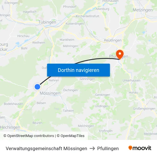 Verwaltungsgemeinschaft Mössingen to Pfullingen map