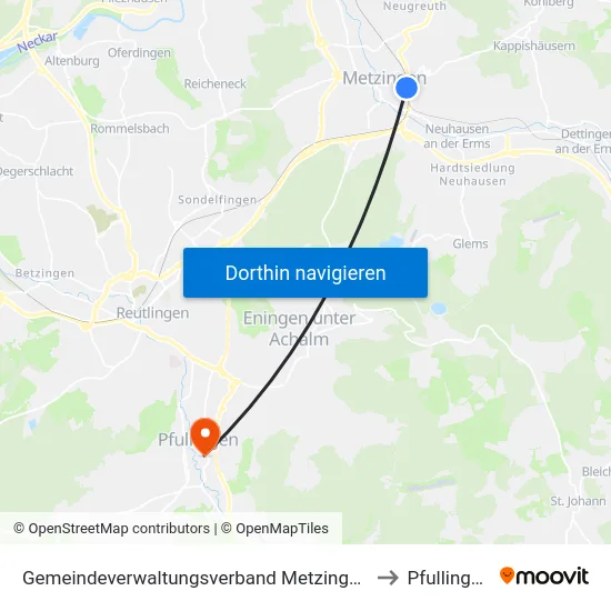 Gemeindeverwaltungsverband Metzingen to Pfullingen map